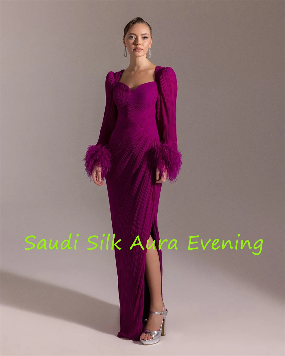 customizedCustomized Graceful Purple Chiffon Evening Dress Sweetheart Long Sleeves Homecoming Dress Delicate  Feathers Vestido D image 5
