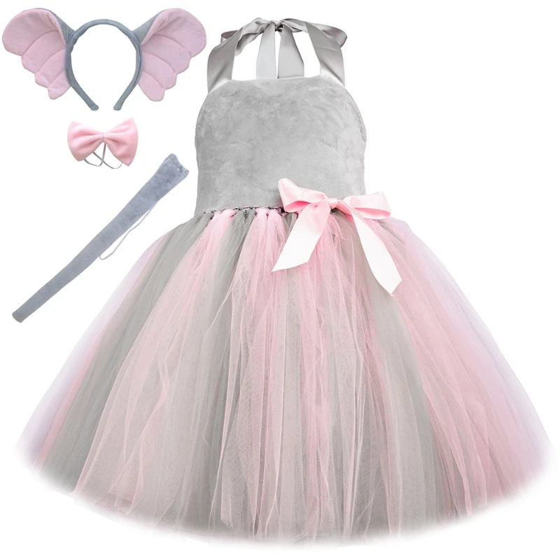 Elephant Girls Costume Kids Toddler Gray Pink Tutu Dress Baby Girl Halloween Holiday Jungle Party Animal Dress Up Clothes Outfit