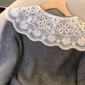 Feminino cinza peter pan colarinho renda cardigan camisola harajuku y2k mangas compridas blusas de caxemira jumper vintage 2000s roupas 2024 10 principais vendas sueter gola peter pan - №4