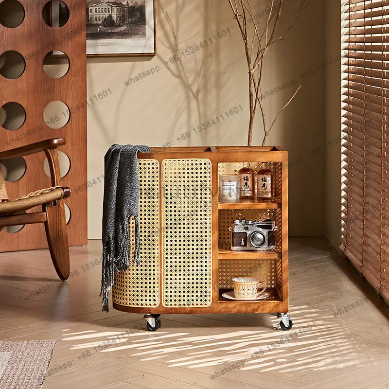 LD medieval solid wood rattan storage box multi-functional small corner table movable with wheel rack