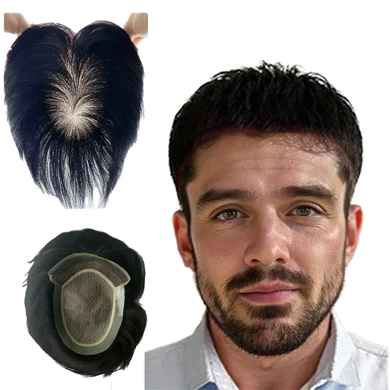 Male Hair Prosthesis Lace with Pu Breathable 100% Natural Human Hair Toupee Men Wig Exhuast Systems Wig for Men