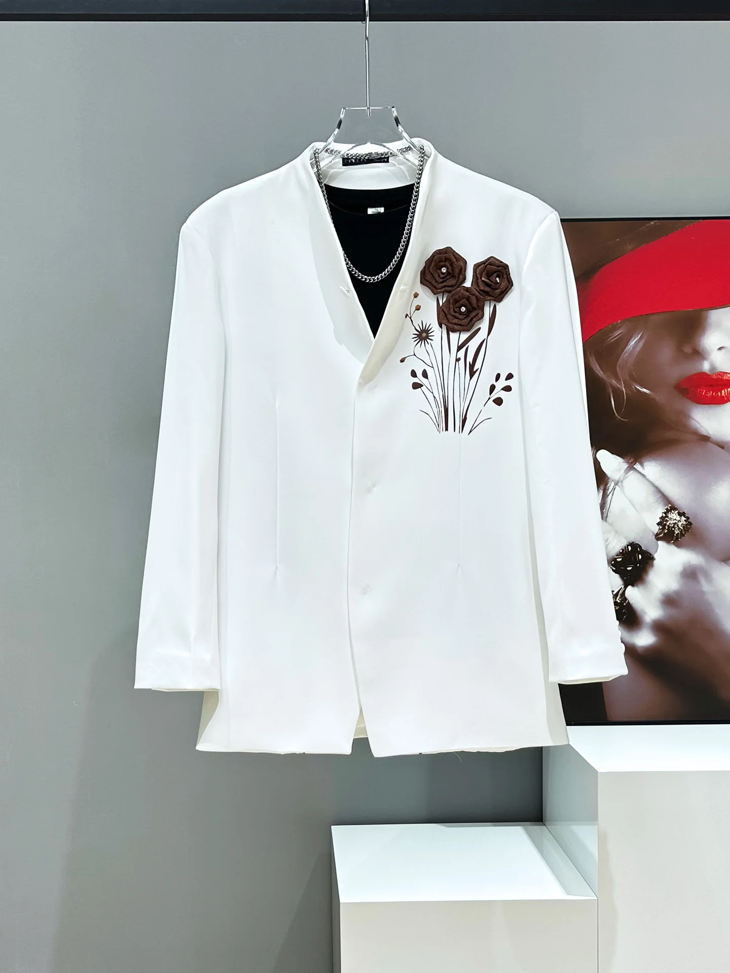 

Мужской пиджак свободного кроя с вышивкой роз и цветочным принтом, 3D-вышивка, повседневный, модный, молодежный, весна-осень-зима