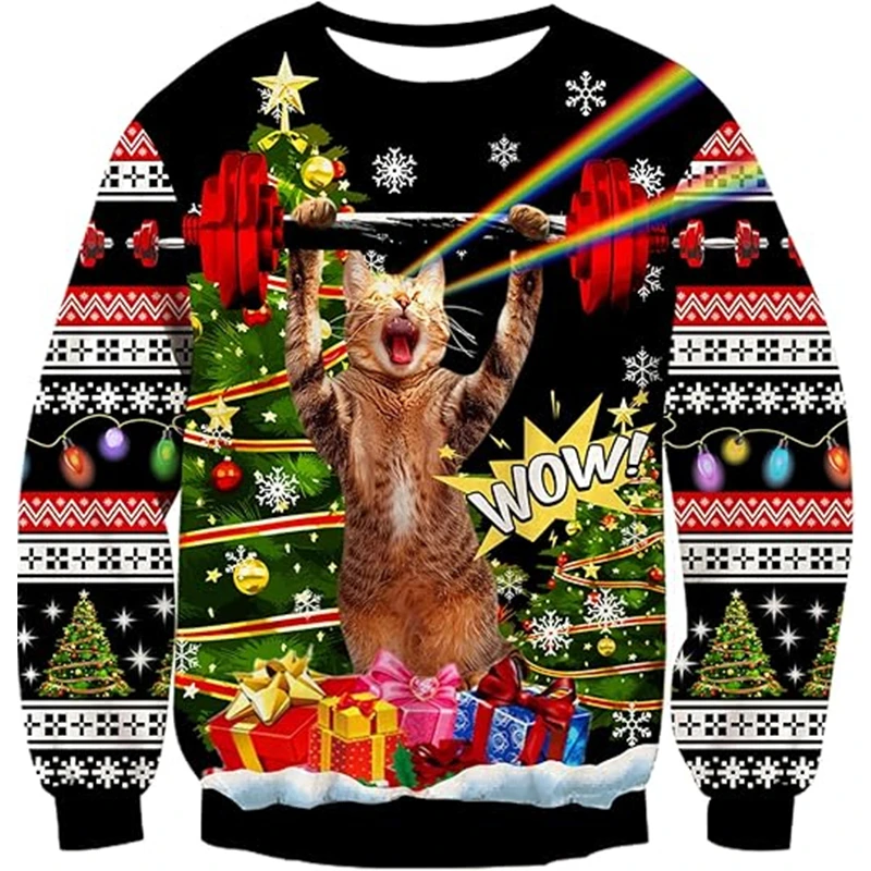 Animal Graphic Ugly Christmas Sweatshirt For Men Holiday Party Pullover Autumn Loose Casual Hoodies Couples Clothes Xmas Gift