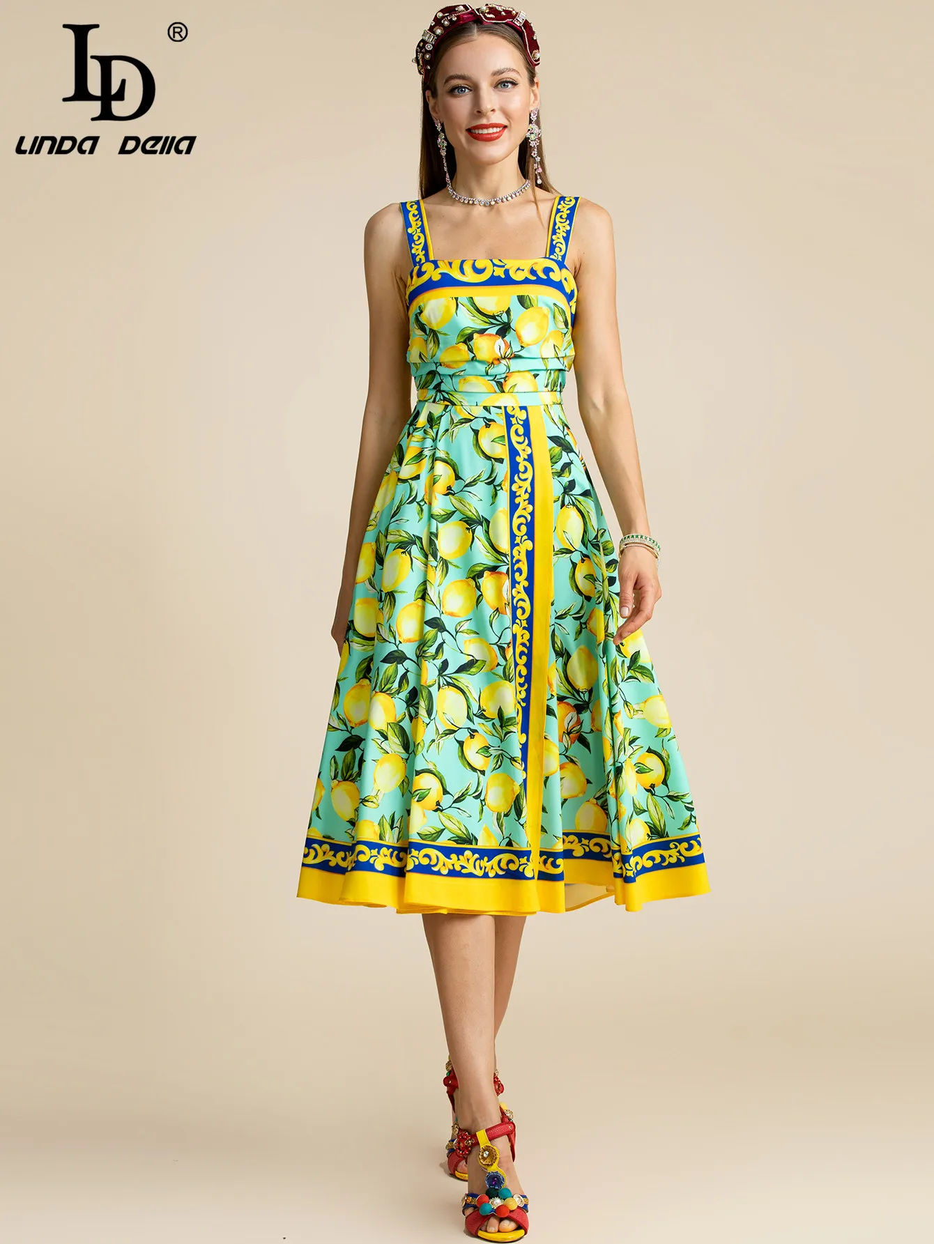 LD LINDA DELLA Fashion Runway Summer Dress Women's Bohemia lemon Green Leaf Print Vacation Spaghetti Strap Midi Dress Vestidos