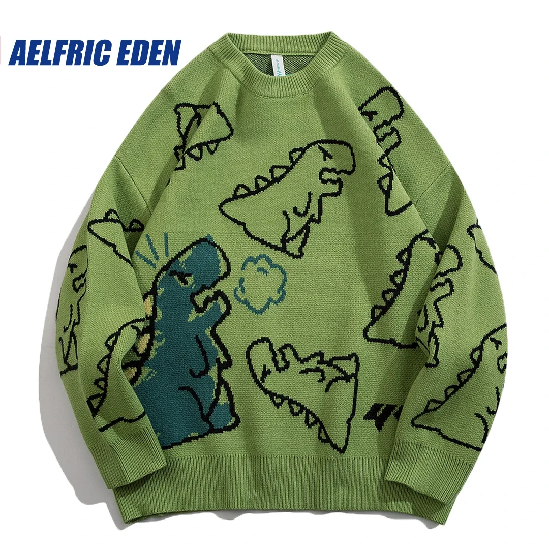 

Aelfric Eden Dinosaur Cartoon Pattern Knit Sweater Retro Hip Hop Knitted Sweater Vintage Pullover Casual Wool Sweater Hipster