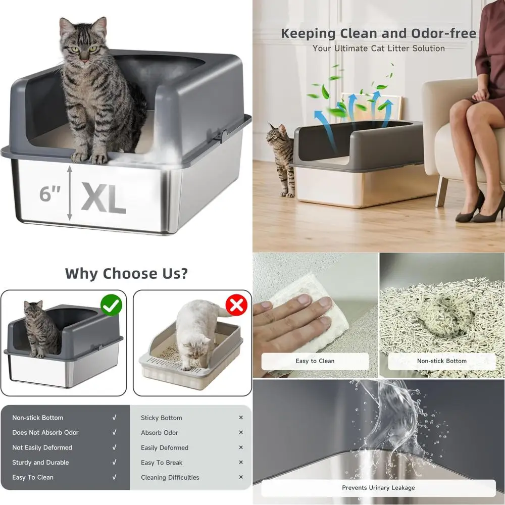 

Очень большой лоток для кошек из нержавеющей стали с высокими бортиками и крышкой, легко чистится (24 дюйма x 16 дюймов x 12 дюймов)
