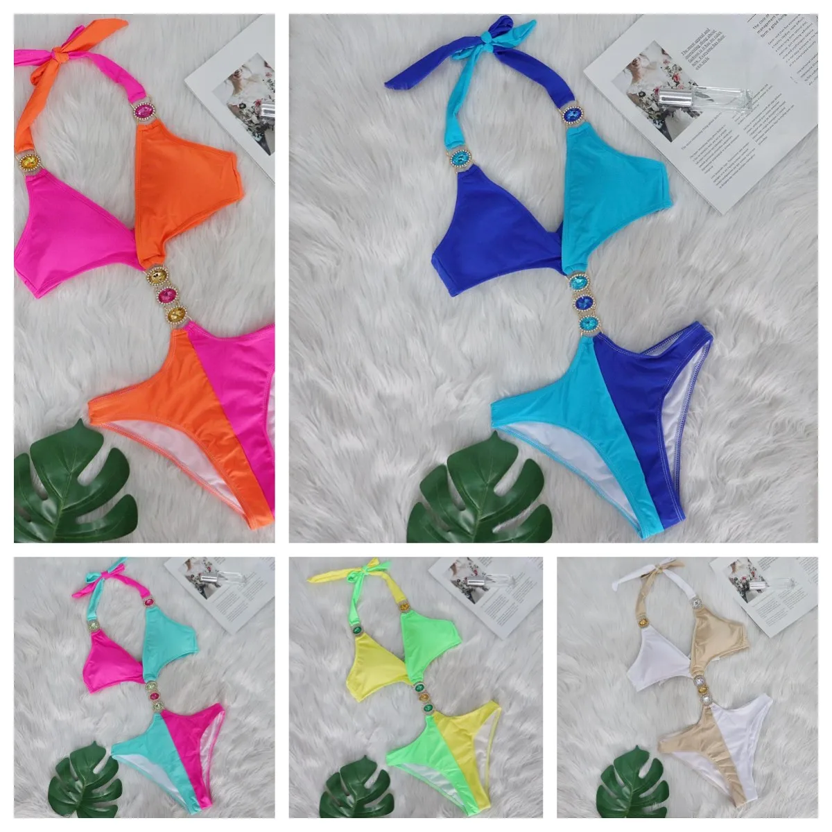 Luxury Rhinestone Bikini One Piece Swimsuit Women 2024 Festival Beach Party Colorblock Hollow Women\'s Fashion Diamond Swimsuits