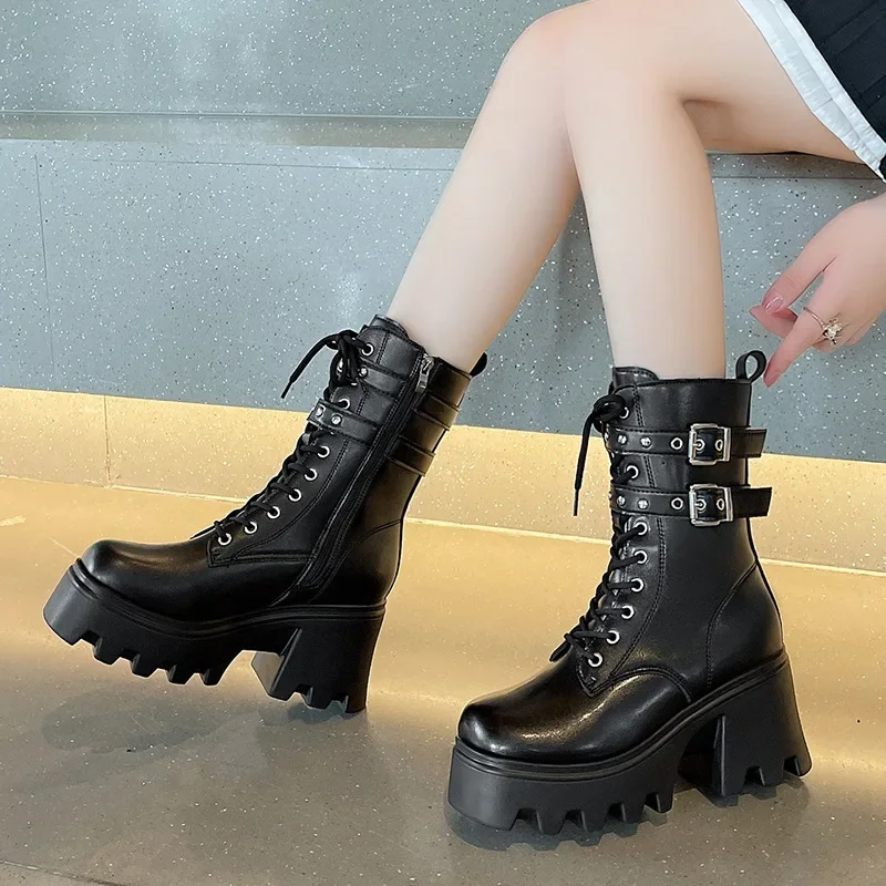 Punk Women\'s Boots Buckle Platform Boots for Women Mid-calf Gothic Boots Autumn Ladies Motorcycle Boots Pu Leather Plus Size 42