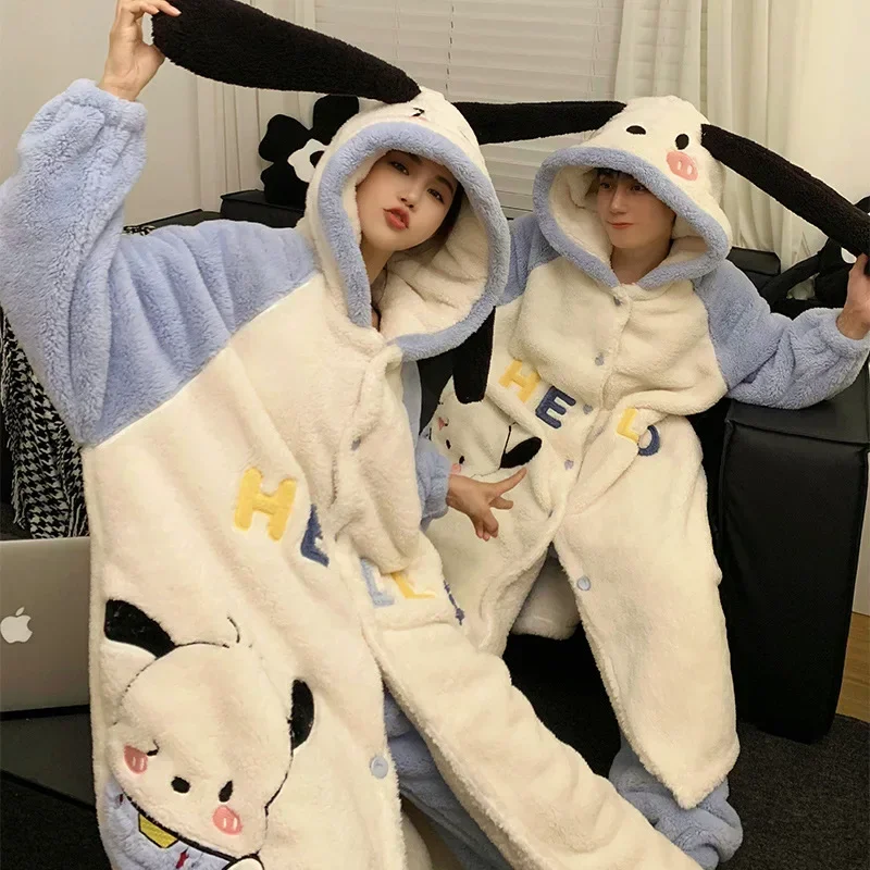 Pochacco Matching Pajamas for Couples Kuromi Dinosaur Robe Set Cartoon Pyjamas Thicken Coral Fleece Plush Winter Home Sleepwear