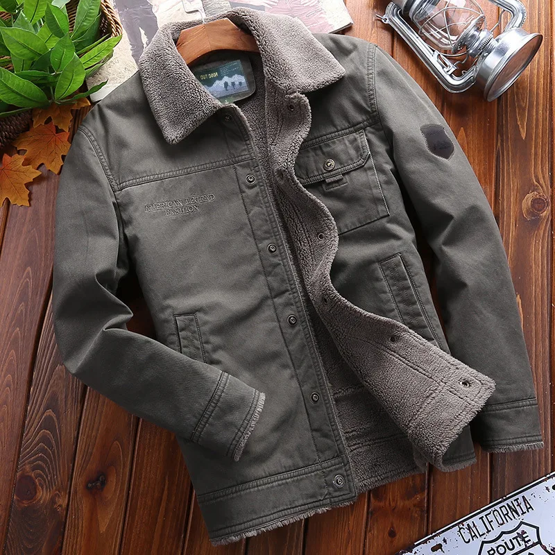 FGKKS New Cotton Coat Men\'s Plush Thickened Winter Flip Collar Warm Cotton Coat Youth Casual Coat Cotton Coat Men\'s