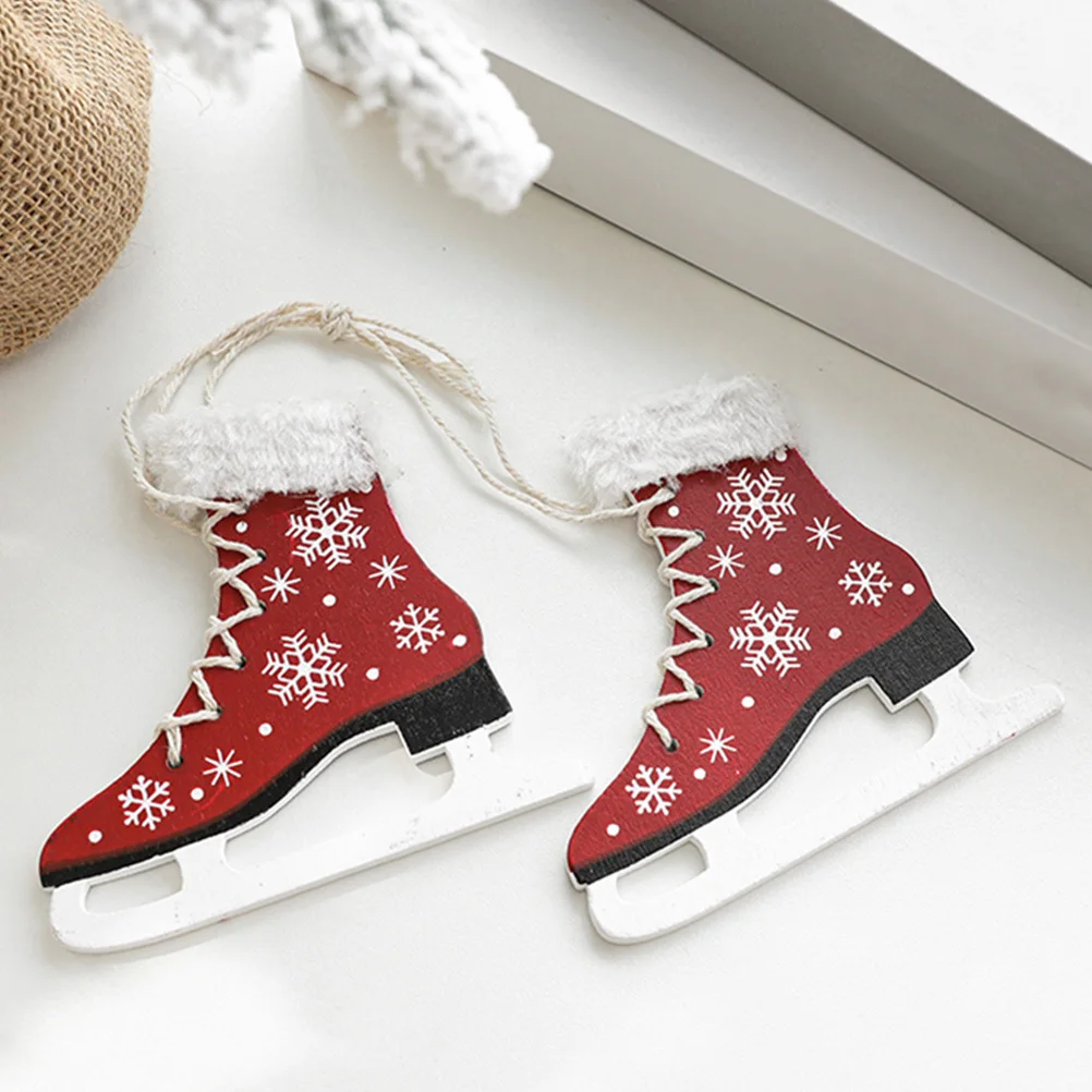 

2Pcs Manual Setup Skate-Shaped Xmas Decor Wooden Party Pendant Adornments Party Pendant Decorations Wood Adornments