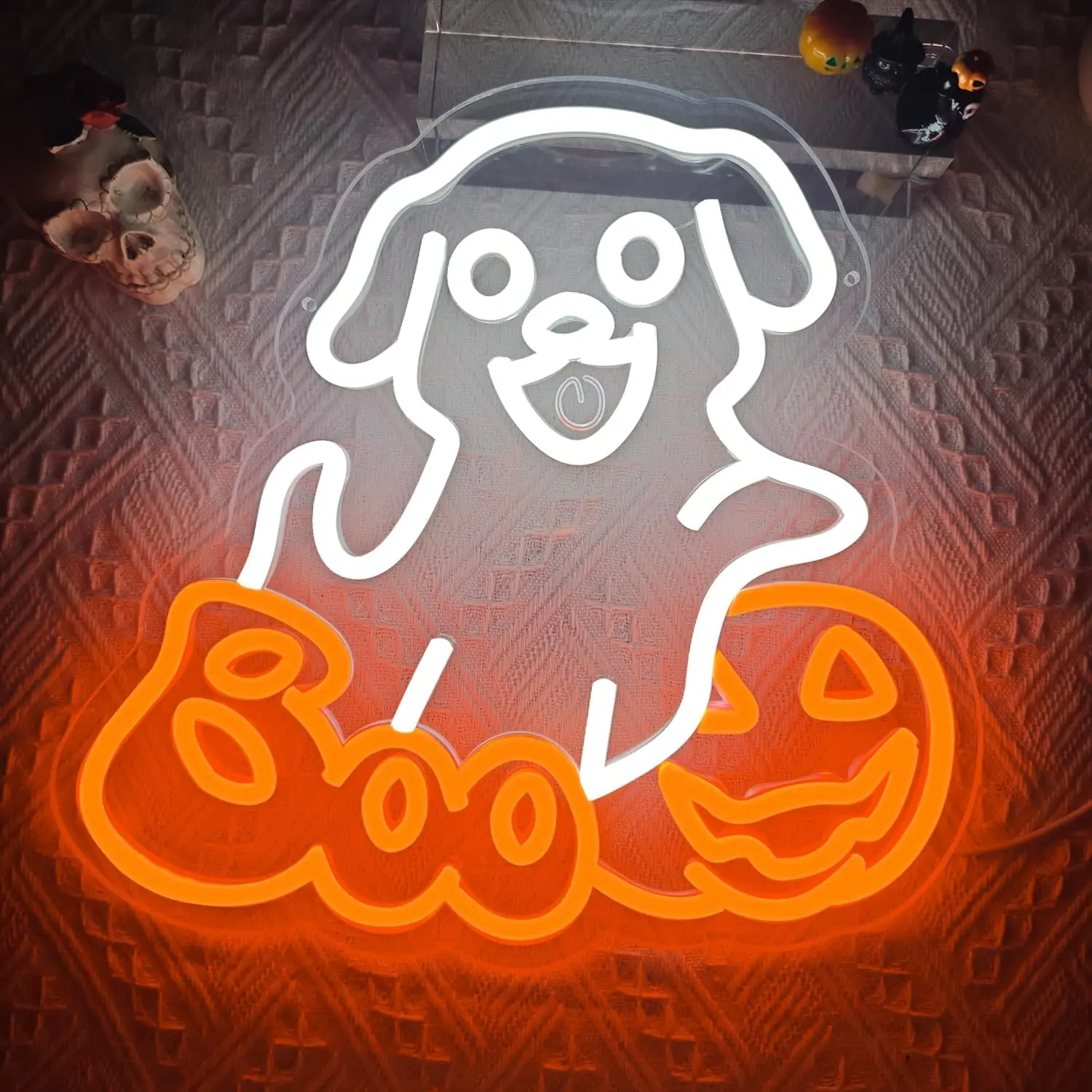 Halloween Boo Puppy Ghost Neon Sign LED Pumpkin Neon Light USB Wall Hanging Lamp for Halloween Party Bedroom Home Decor Gift