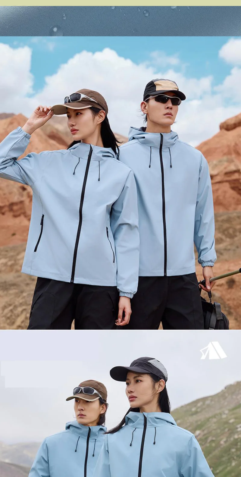 Wasserdichte Wanderjacken, doppelte Stoff-Windjacke, Kapuzenjacke, Schutz, Windjacke, Camping, Klettern, Unisex, Reißverschlussmäntel – Detail 4