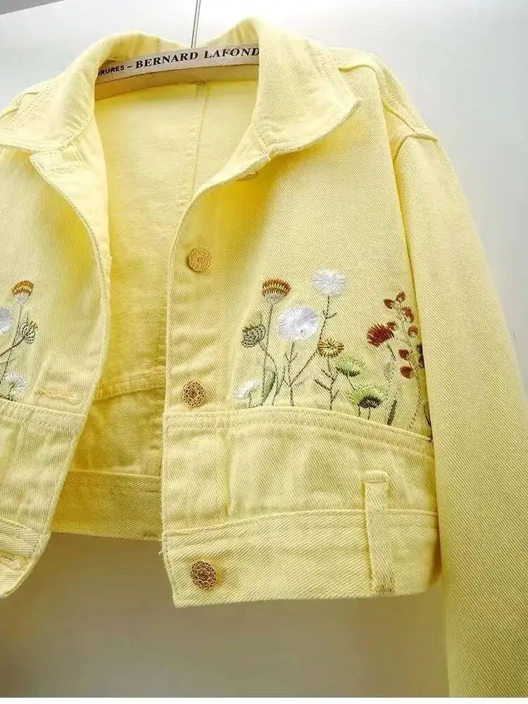 2025 New Embroidery Flower Long Sleeve Spring Autumn Short Tops Jacket Korean Women Loose Printing Denim Coat