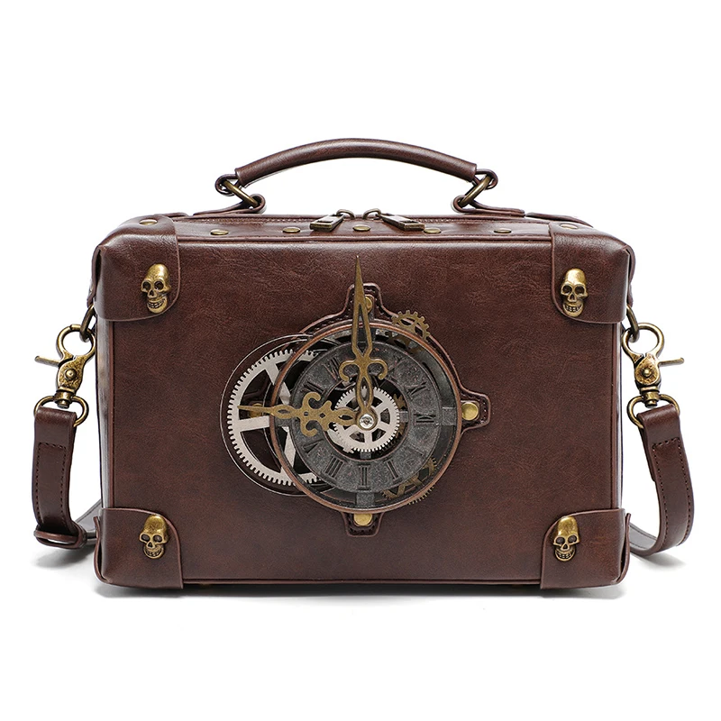 Steampunk Clock Crossbody Bag Woman Satchel Gothic Briefcase PU Leather Shoulder Tote Handbag Messenger Vintage Square Side Bag