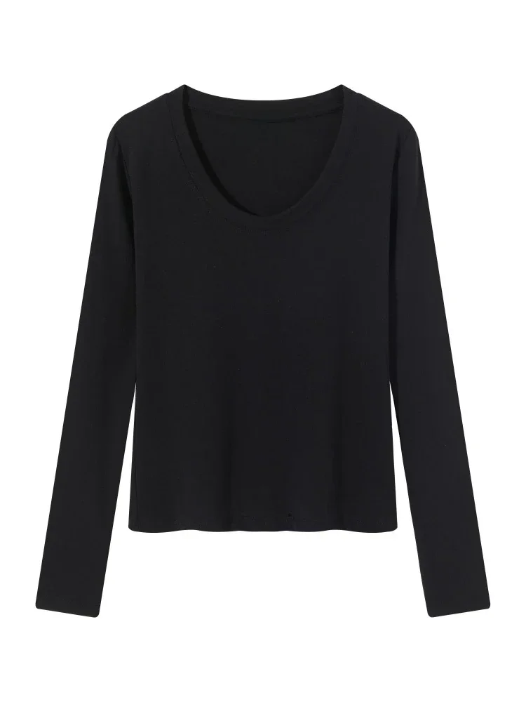 Koreanischer Stil Damen Herbst T-Shirt Langarm U-Ausschnitt Minimalistisches Einfarbiges Weiches Schlankes Basic-Layering-Oberteil Lässiges Strick-Top – Detail 4
