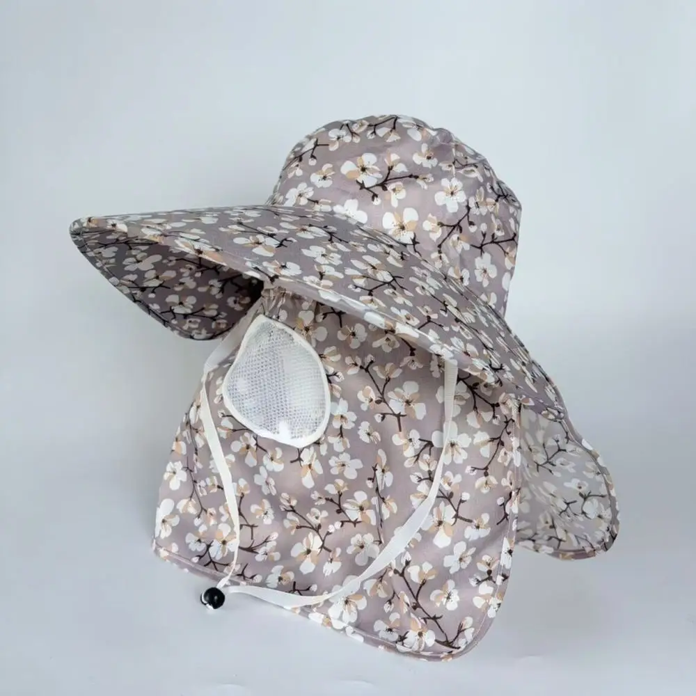 Summer Floral Wide Brim Bucket Hat Women Adjustable Sunshade Cap Breathable Anti UV Protection For Farm Work