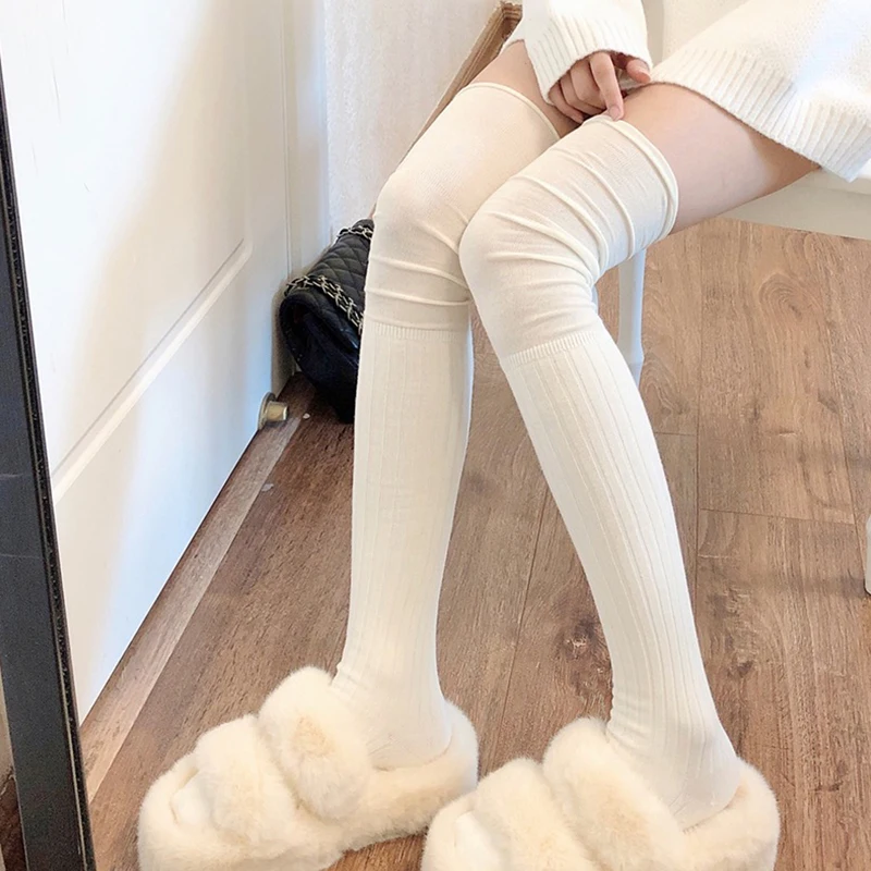 Women's High Knee Socks Fashion Patchwork Solid Thigh High Socks Y2k Lolita Cotton Stockings Vertical Stripe Over Knee Socks