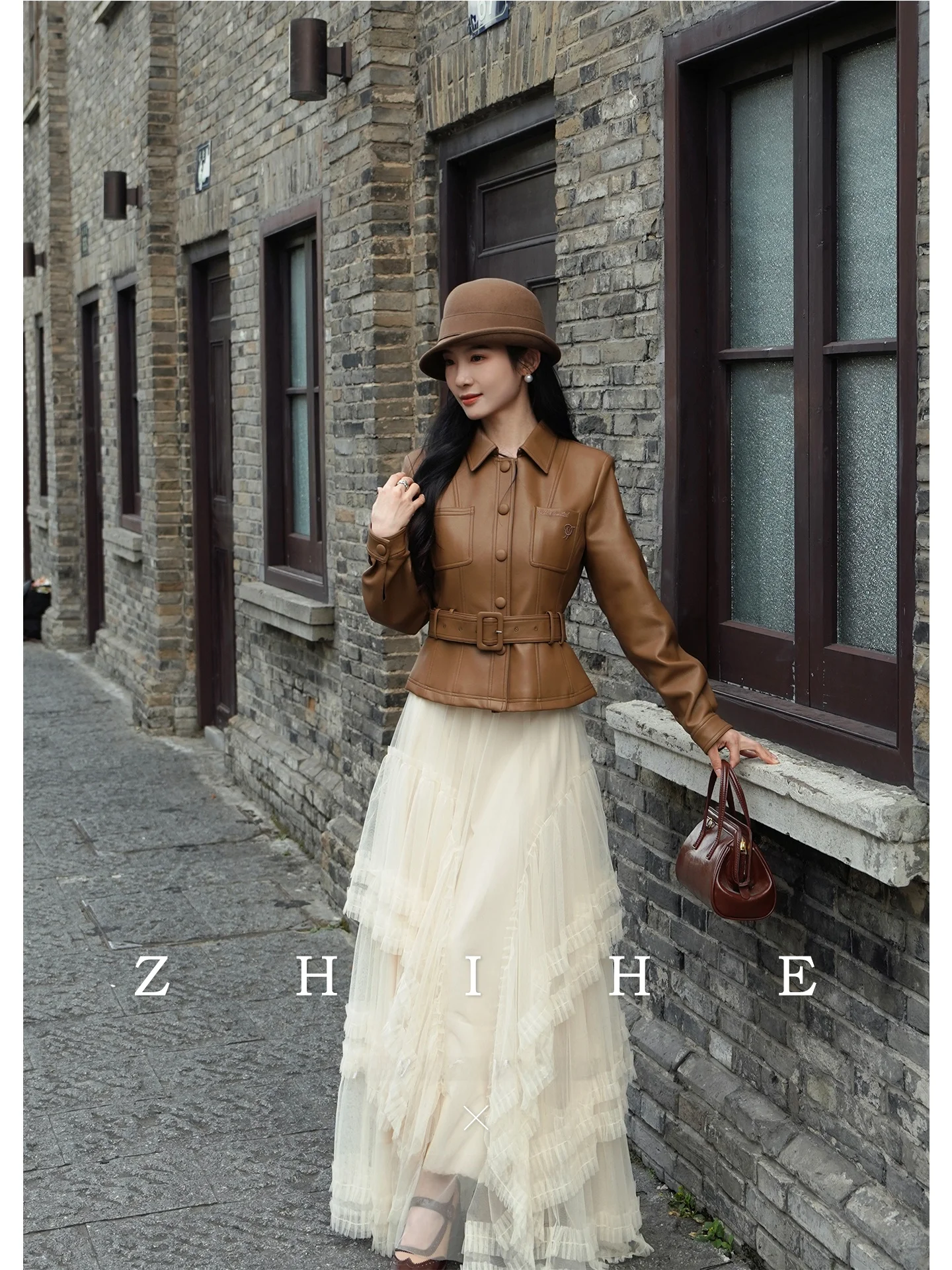 

Ele Environmental Protein Leather Waist-Cinching Jaet Coat Collar Single Button Long Sve Regular Fit Outerwear