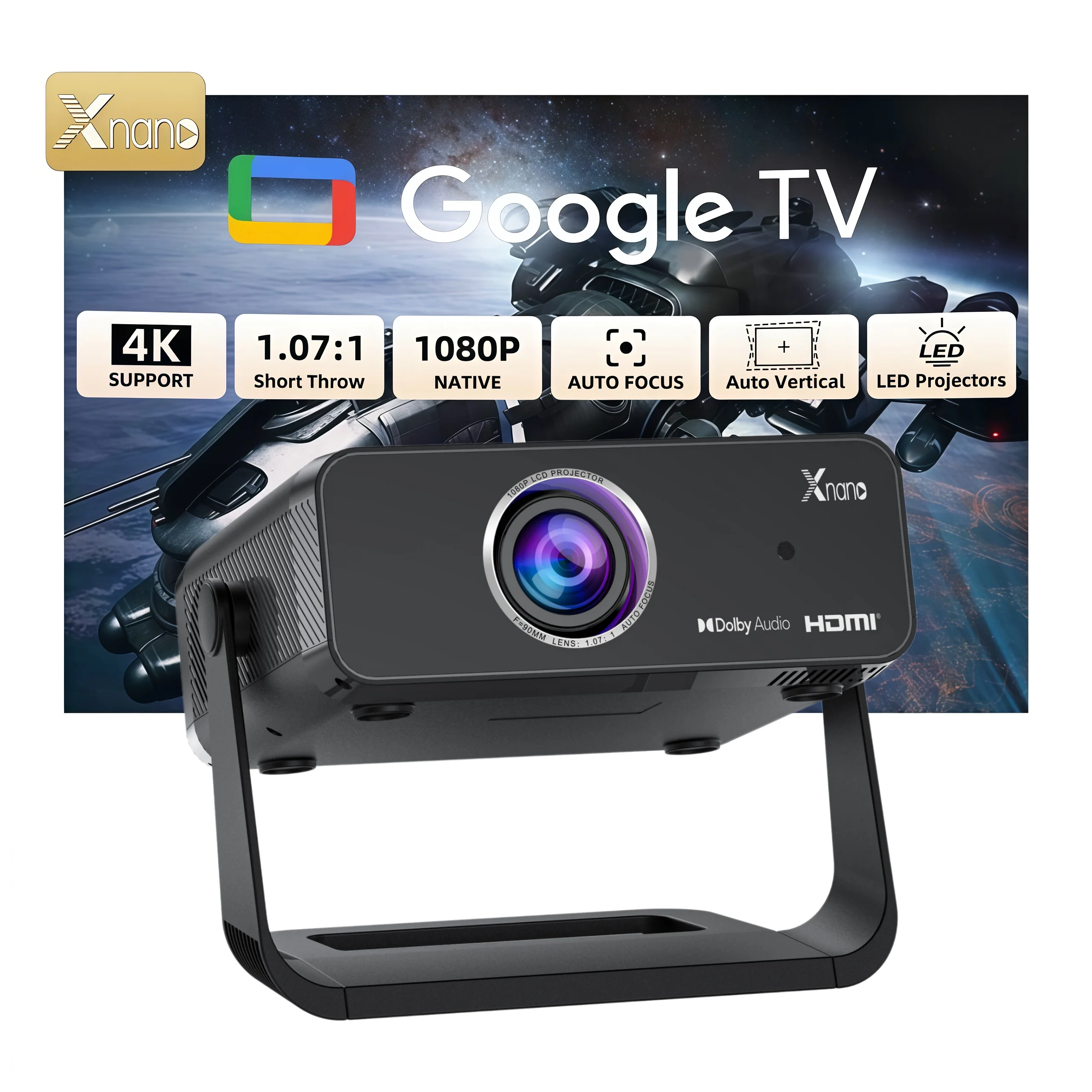 Xnano GT350 Google TV Projektor, Android 14, 4K Native 1080p, 600 ANSI Lumen, Autofokus, automatische Keystone-Korrektur, Wi-Fi 5, Bluetooth 5.1, 2 GB RAM + 32 GB Speicher, 10-W-Lautsprecher, Dual