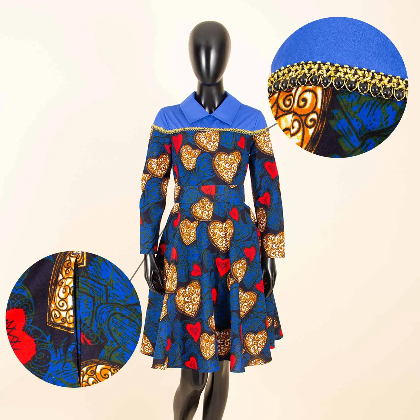 African Women's Dresses Ankara Shirt Neck Patchwork A-Line Shirt Dress with Belt Dashiki Printed Party Wedding Dresses