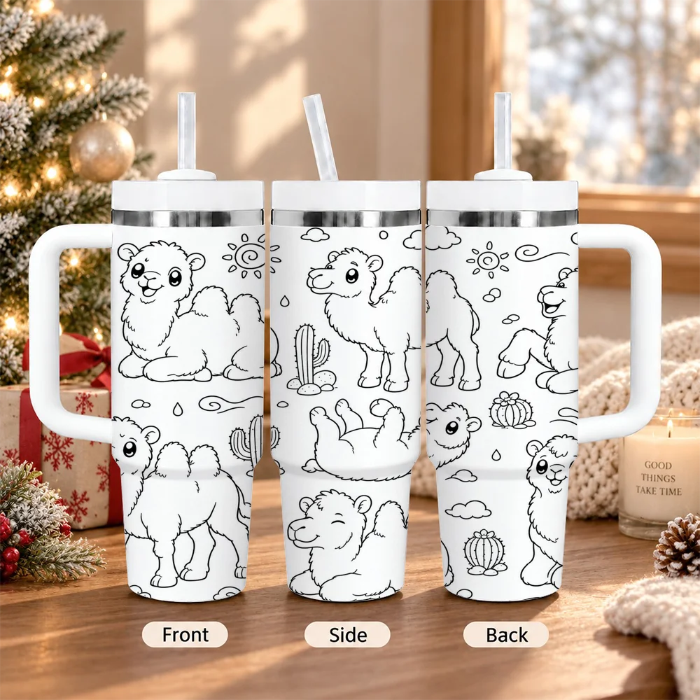 Cute Camel Design Vacuum Flasks 40oz Insulated Stainless Steel Tumbler with Handle & Straw, Hot Cold Gift Cup