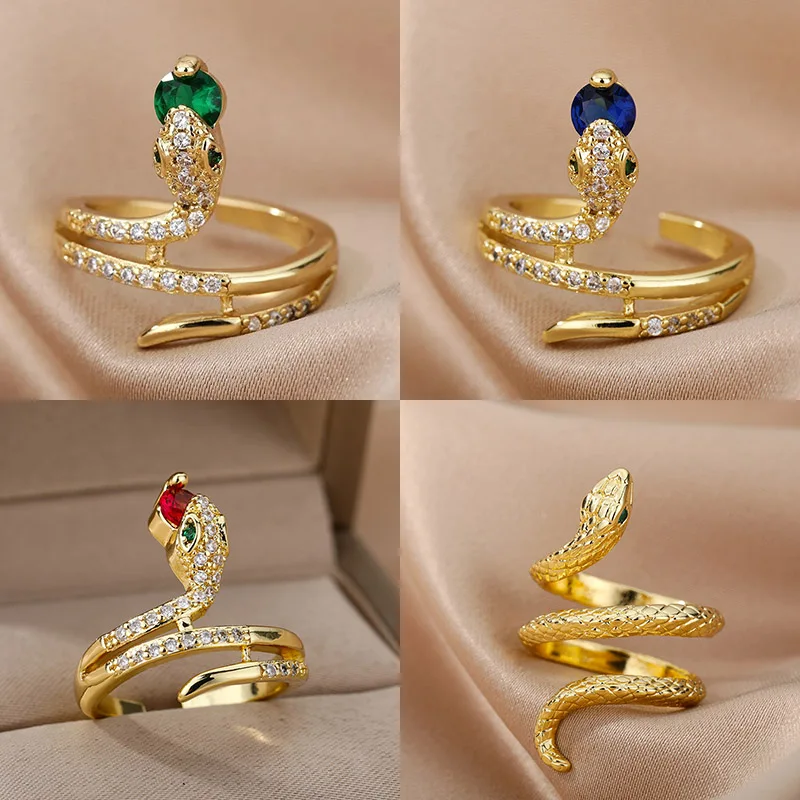 Edelstahl Schlange Ringe Für Frauen Männer Gold Farbe Offene Einstellbare Zirkon Ring Vintage Gothic Ästhetischen Schmuck anillos mujer
