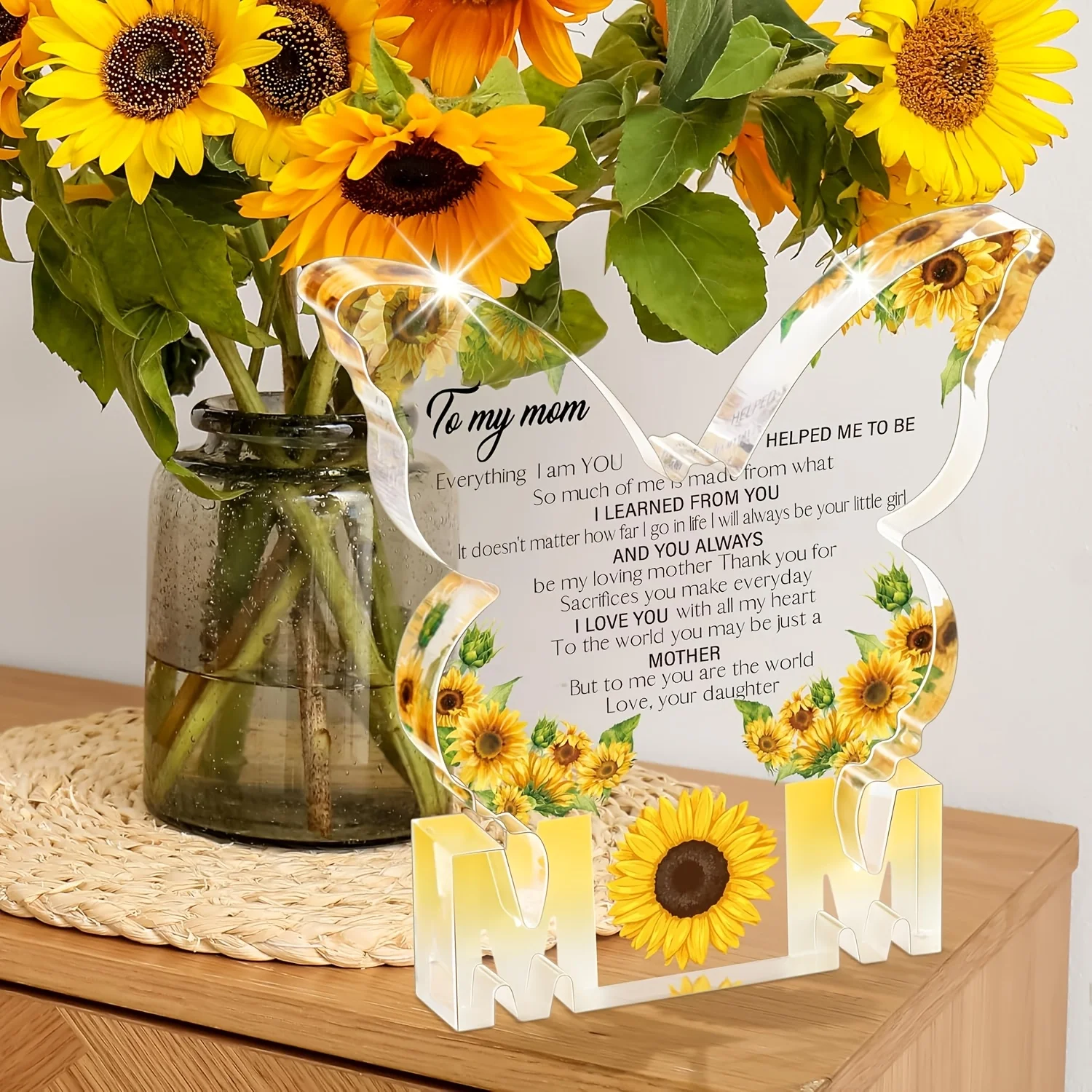 Gifts for Mom Birthday Gifts for Mom from Daughter Son Delicate Butterfly-Shaped Sunflower Acrylic Plaque Mom Present