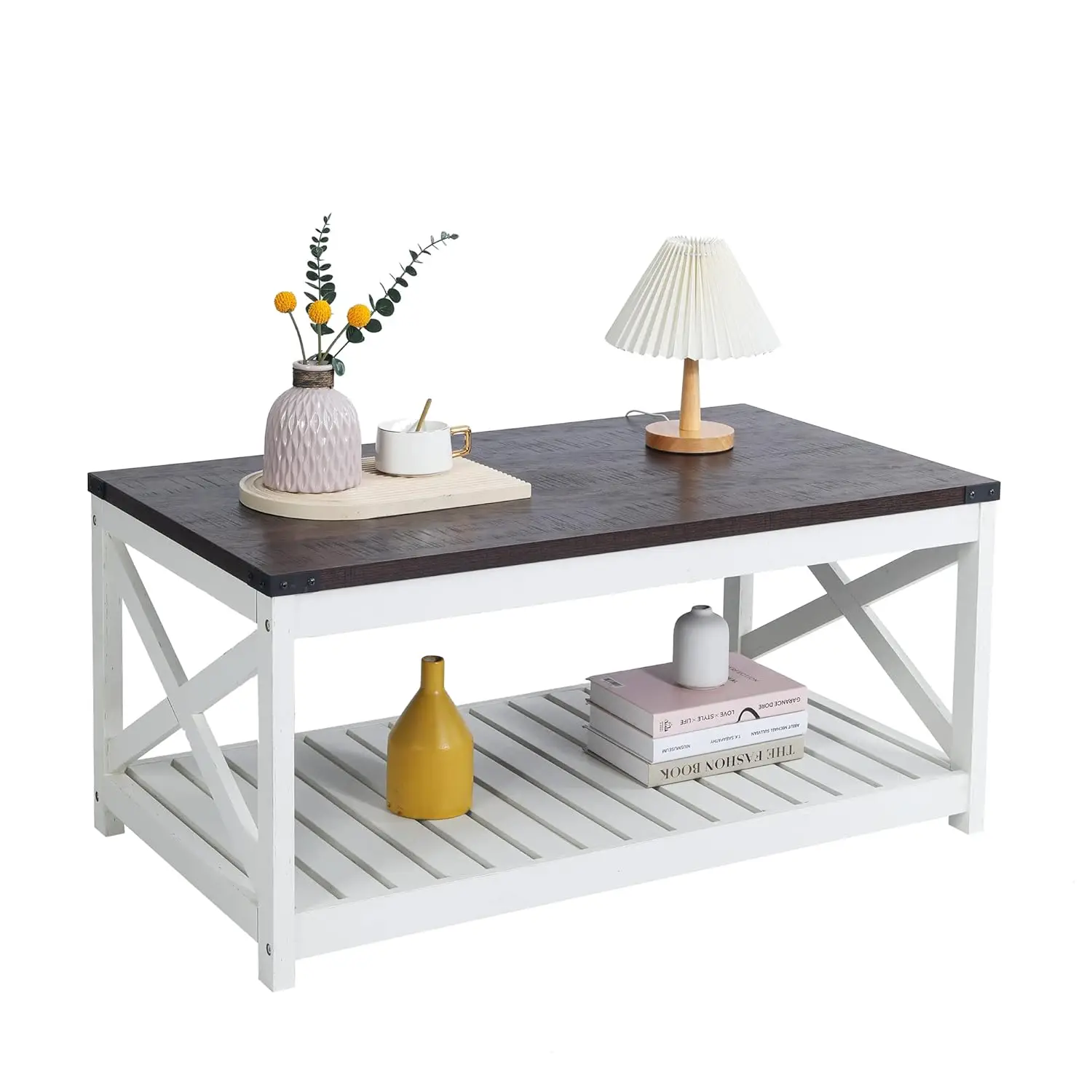 طاولة قهوة المزرعة مع رف شرائحي وحماية زاوية، 40 بوصة، أثاث غرفة عتيق باللون الأبيض/الإسبريسولينغ #3