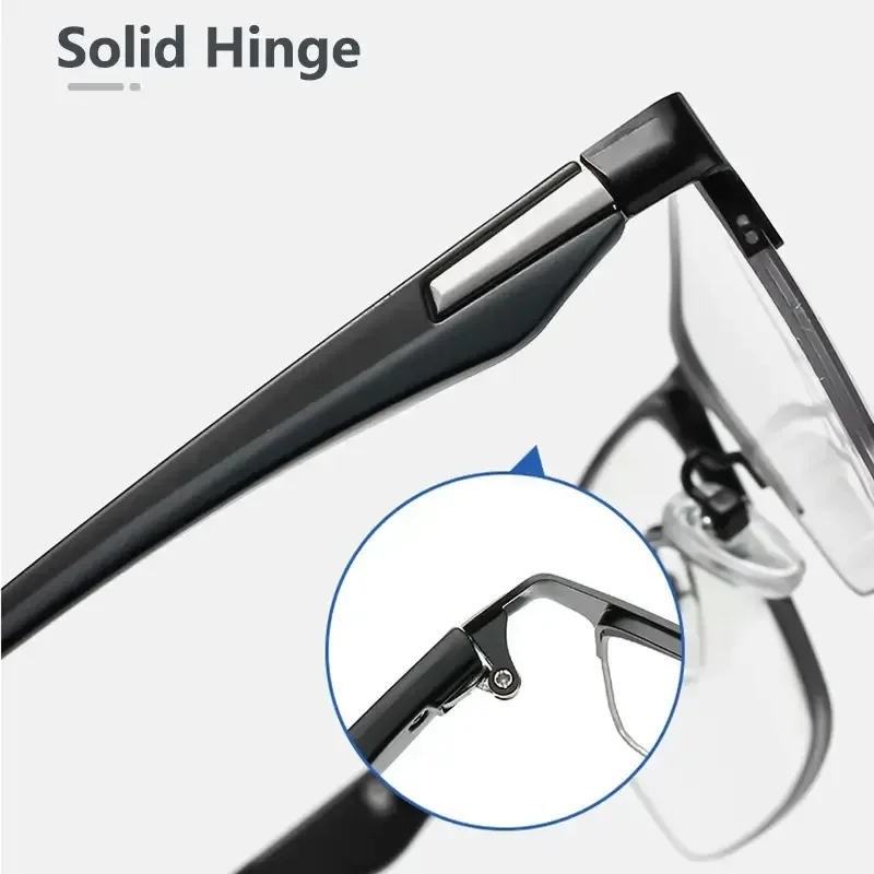 Anti-blau Licht Photochrome Weit Anblick Gläser Business Metall Halb Rahmen Lesebrille Männer High-definition Presbyopie Brille – Detail 7