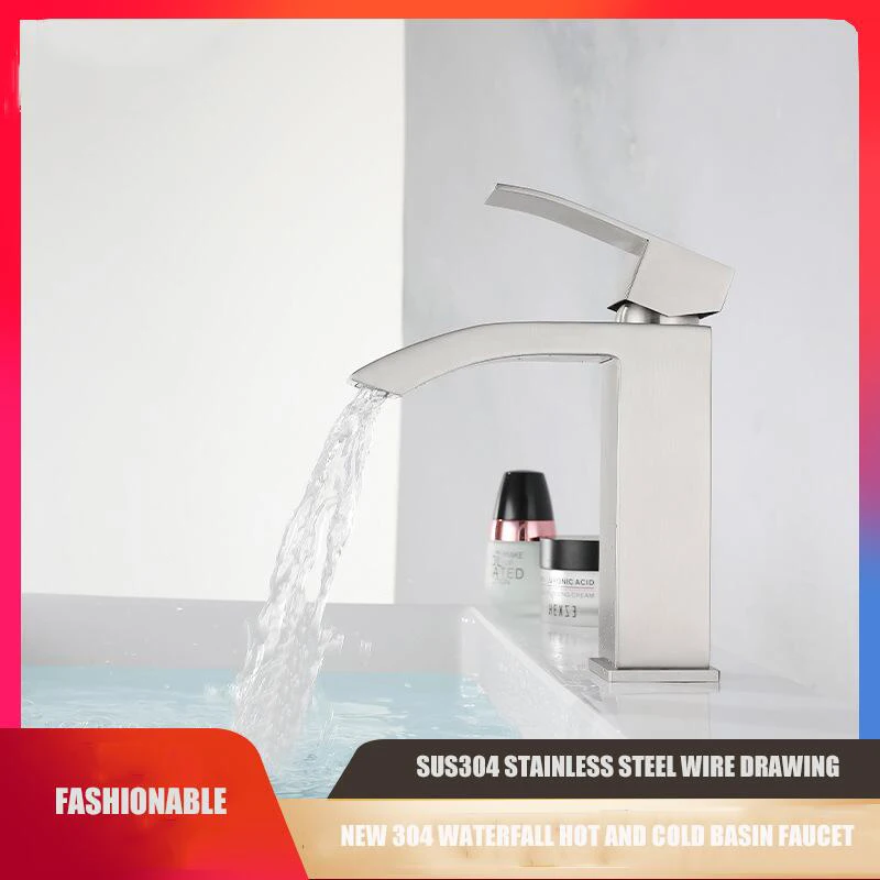 

New Stainless Steel Brushed Bathroom Bathroom Cabinet Wash Basin Hot And cold Waterfall Faucet