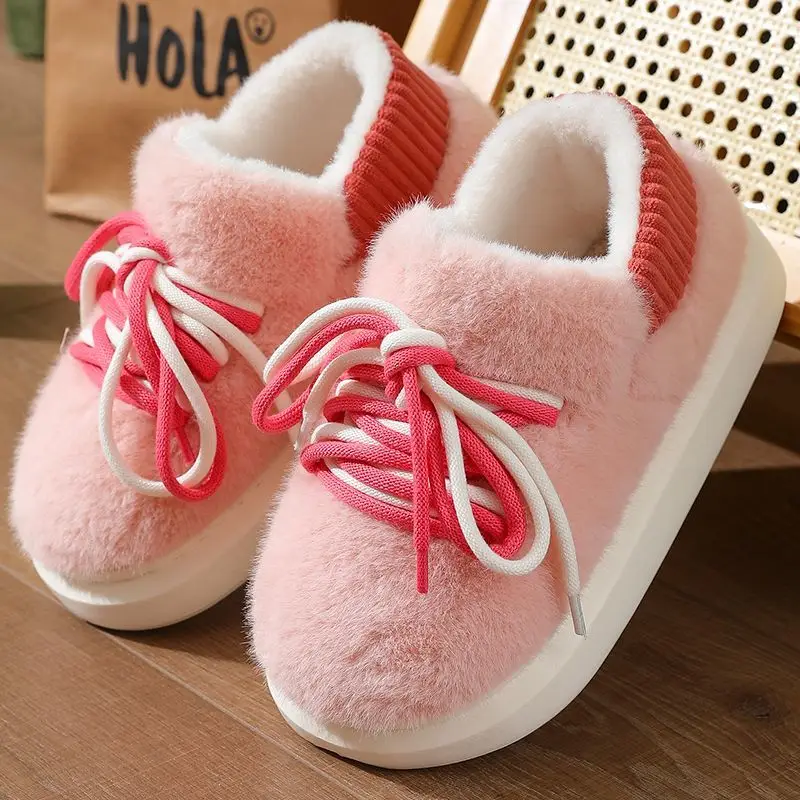 

Couples platform heels high top snow boots 2025 women winter warm shoes designer lace up plush lining indoor slippers home