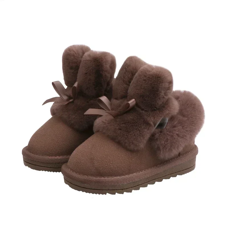 Botas de nieve de invierno para niños, botas cortas cálidas de felpa con bonito lazo, zapatos de algodón antideslizantes para niñas