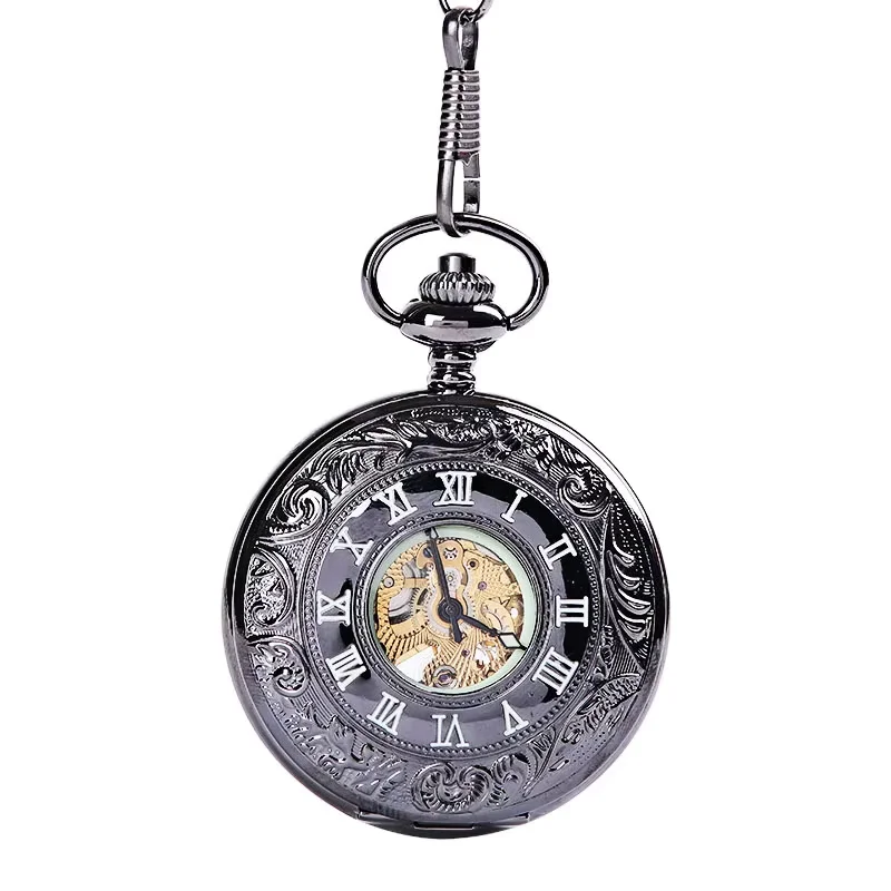 

Large black thick chain carving lace hollow-out luminous mechanical classic pocket watch 021415