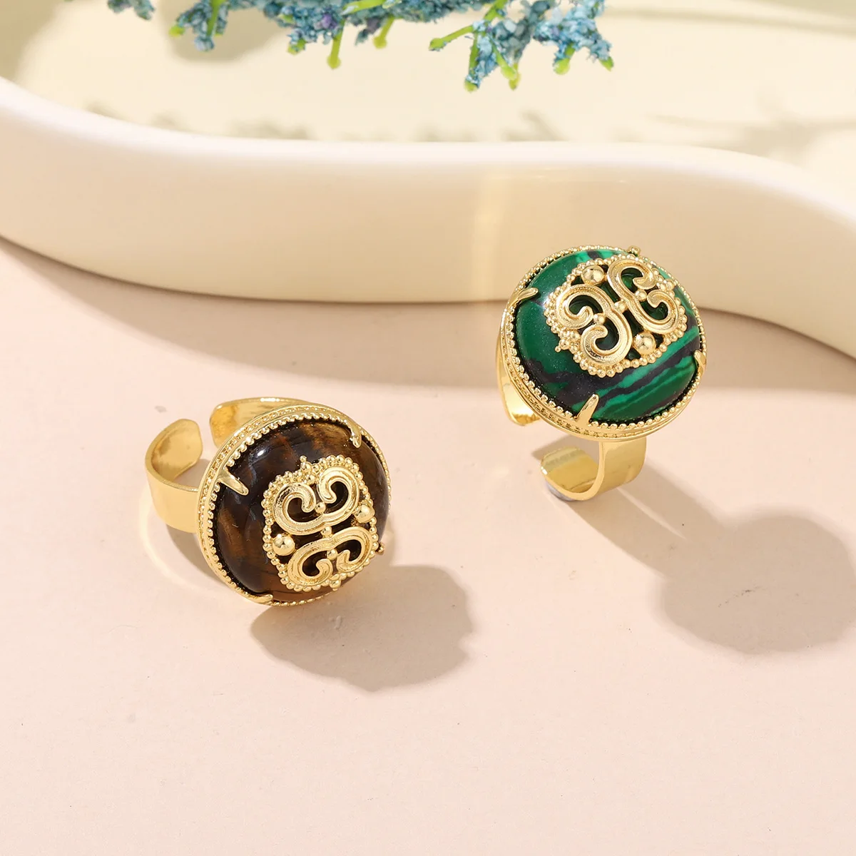 خمر الملكيت حجر عين النمر الدائري للنساء الذهب اللون النحاس قابل للتعديل خواتم الاصبع هدايا مجوهرات الأزياء #2