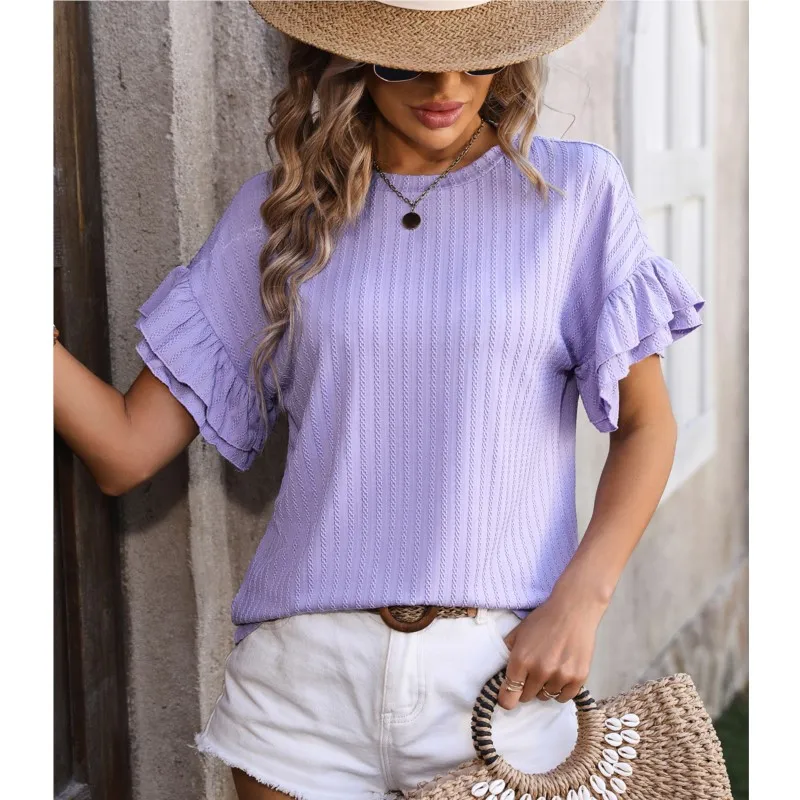 Comfortable and Casual Women 2024 Summer New Solid Color Knitted Jacquard Round Neck Lotus Leaf Sleeves Short Sleeve T-shirt Top