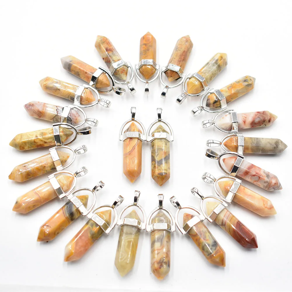 Wholesale 12 24 50pcs/lot natural stone Crazy Agate pillar shape point Chakra charms pendant for jewelry making free shipping