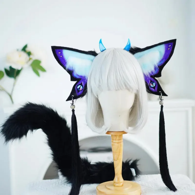1set/ Butterfly Animal Ears Headpiece | Enchanted Cosplay Tail Set | LARP Fursuit Accessories | Gothic Rave Festival Props
