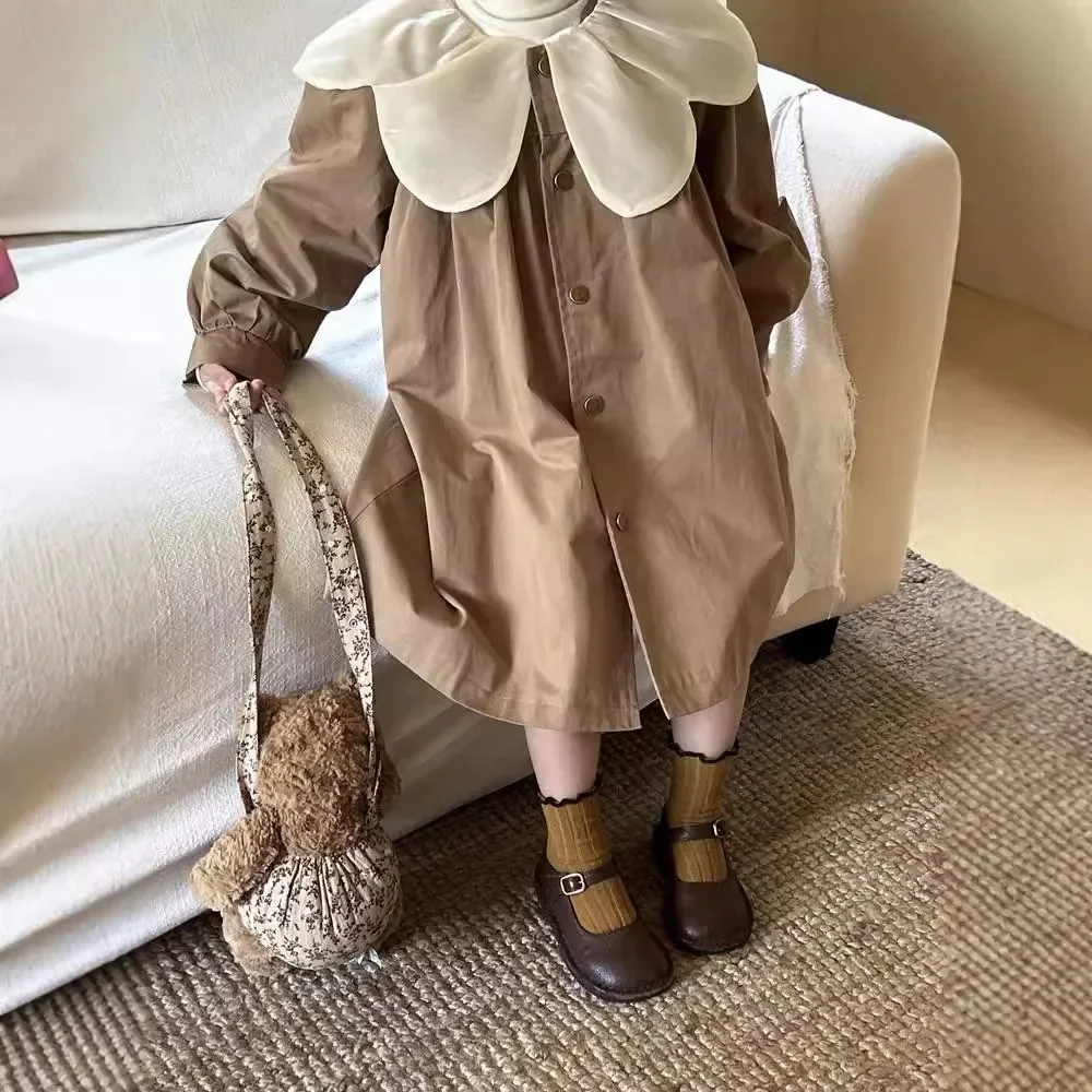 Sweet Petal Collar Girls\' Autumn Mid-length Trench Coat Girls Coat  Spring Autumn Kids Jackets for Girls  Girls Coat