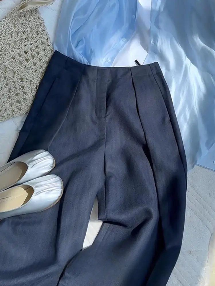 High Waist Pleated Light Blue Casual Pants Women's Summer Fashion Linen Suit Trousers Recommended by Old Money Style