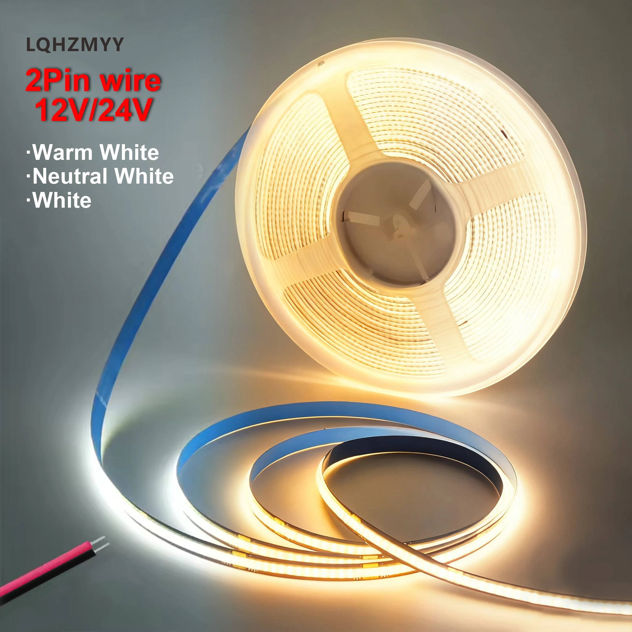 Tira de Luces LED Lqhzmyy Cob de 12 V y 5 m, Tipo Autoadhesivo, Luz Blanca de 3000 K, 320 Luces/Metro, Flexible y Cortable, Ancho de 8 mm, Adecuada para Dormitorio, Sala de Estar, Armario, Fiesta (Fuente de Alimentación No Incluida)