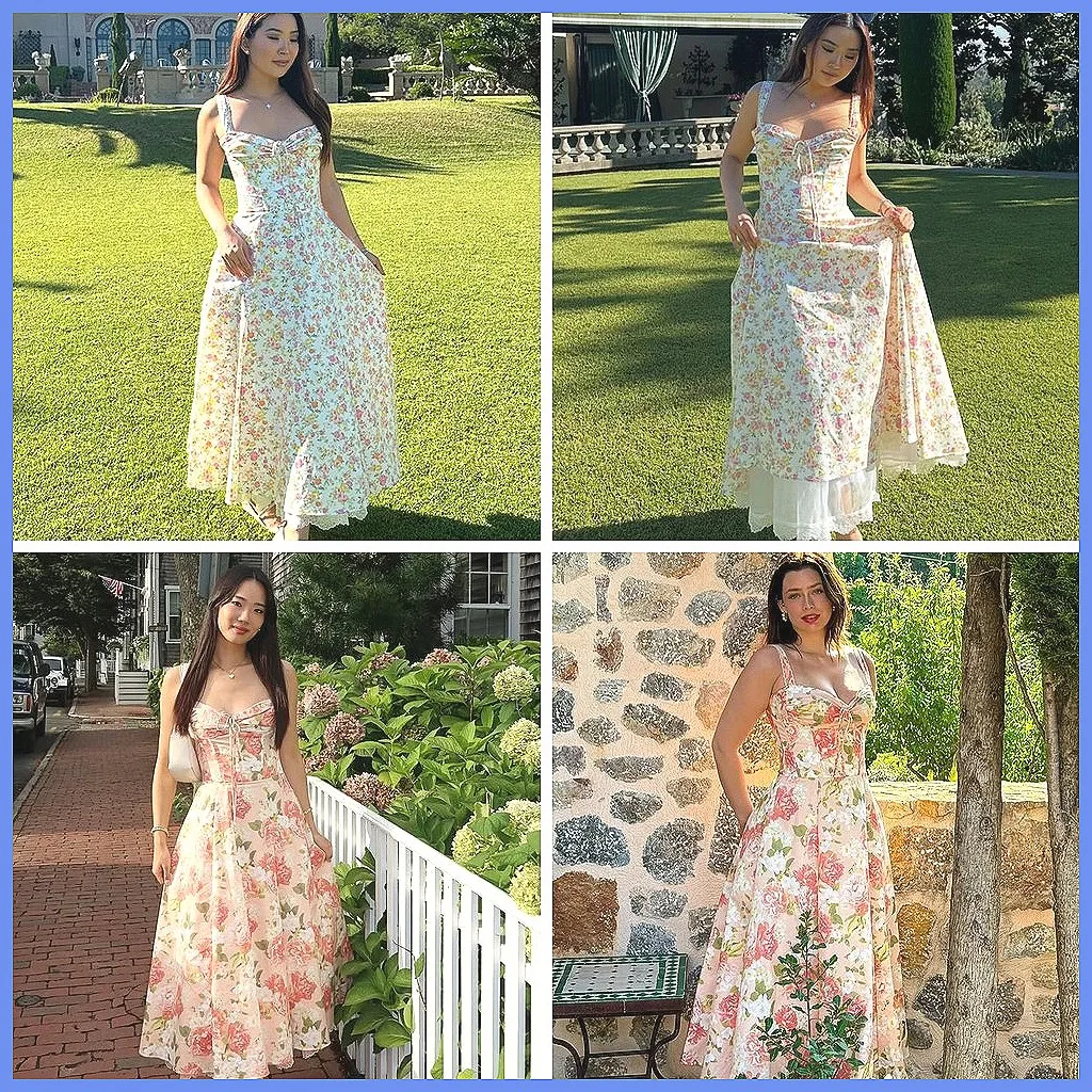 

Floral Print Sweetheart Neck Dress, Sleeveless Lace-Up Pleated Camisole for Vacation Party Evening Wear