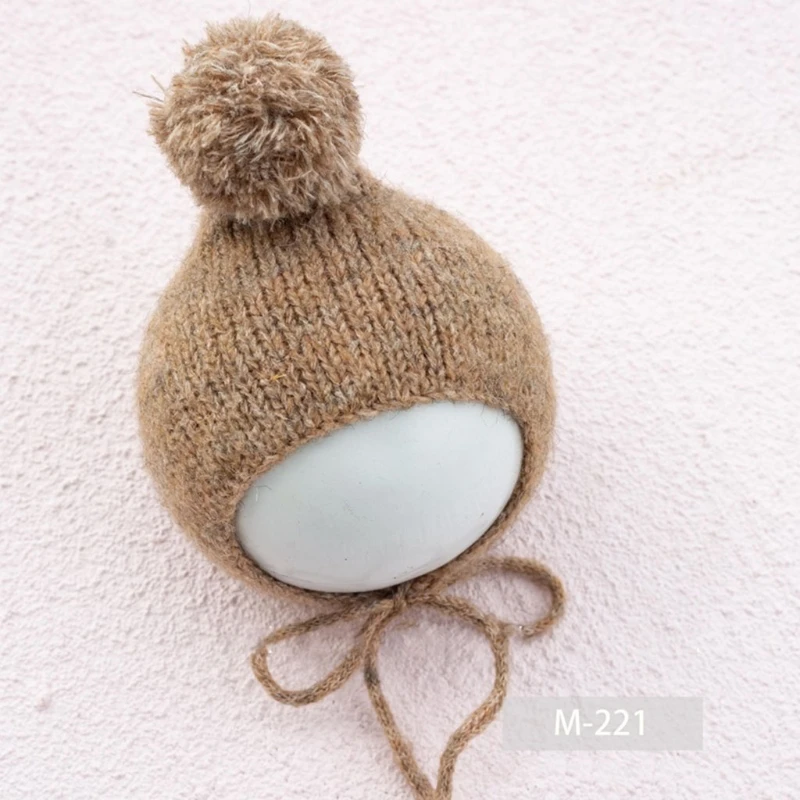 N80C Baby Fur Ball ถักหมวก Handmade โครเชต์ หมวกทารกแรกเกิดการถ่ายภาพ Props Bonnet ทารกถ่ายภาพ Posing สำหรับ