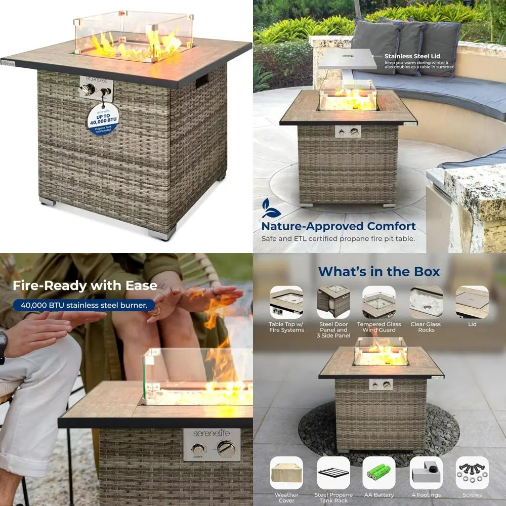 

СернеLife Квадратный плетеный стол для костра из пропана с сертификацией CSA ETL емкостью 50 000 БТЕ и регулируемым пламенем, с плиточным столешницей