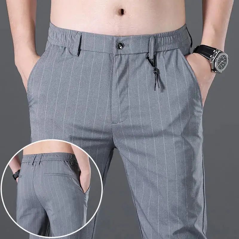 Male Suit Trousers Check Cooling Ice Silk Plaid Straight Up Clothes Offer Slacks Designer Men\'s Summer Pants Fabric 2024 Classic