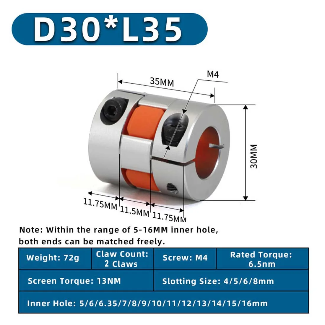

D30L35 2 Jaws Coupler Aluminium Flexible Plum Elasti Coupling CNC Motor Encoder Connector 6.35mmx7mm ~ 9mmx16mm