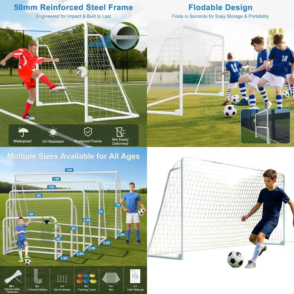 

Versatile Soccer Goals: 6x4, 8x6, 10x6.5, 12x6, 16x7, 18.5x6.5, 21x7, 24x8 for Backyard, Youth to Adult Training