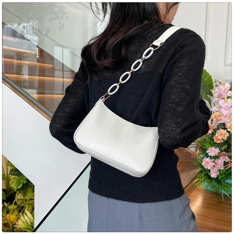 Fashion Crocodile Pattern Shoulder Bags For Women, Texture PU Leather Chain Underarm Bag Solid Color Designer Ladies Handbags