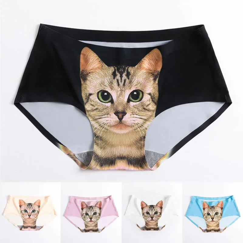 Cat Print Briefs Women Middle Waisted Sexy Underwear Seamless Buttocks Triangle Nude Feeling Underpants for Fine Womens Белье