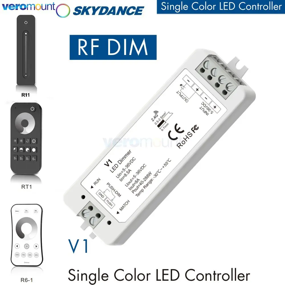 Skydance V1 Wireless LED Dimmer Controller Switch RF Remote DC5V/12V/24V 8A PWM for Single Color COB 5050 3528 Dimming LED Strip